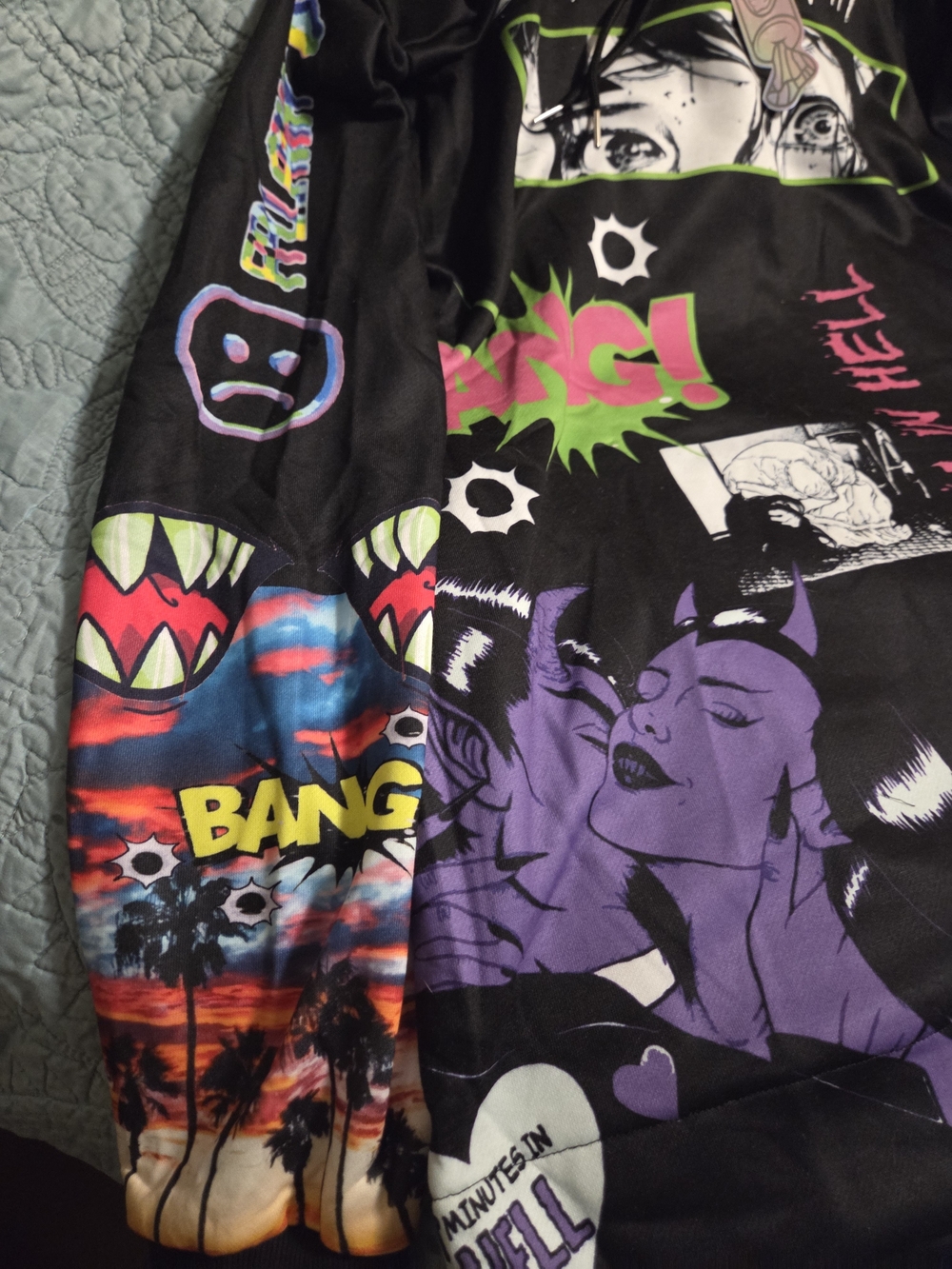 Black Graphic Performance Hoodie with Multicolor Anime Panels - Picture 3 of 11